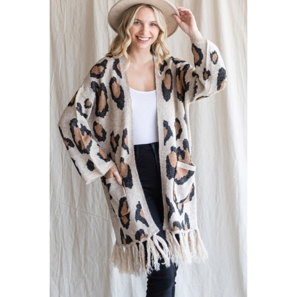 SOLD OUT Oatmeal Leopard Animal Printed Fringe Hem Open Knit Cardigan Sweater - Picture 5 of 9